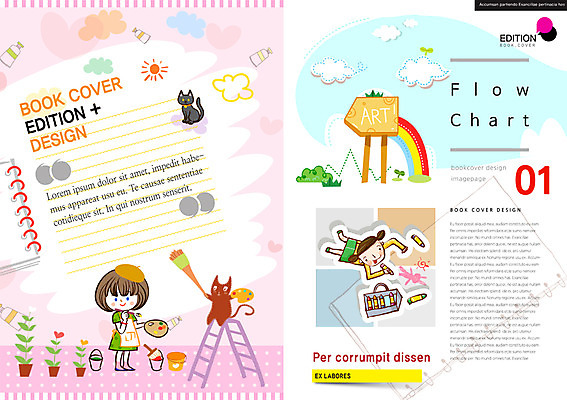 PSD 템플릿 편집 북디자인 여자 교육 어린이 리플렛 북커버 사다리 미술 사람 팜플렛 두명 고양이 붓 그리기 팔레트 잡지 스케치북 반려 여자만 어린이만 소녀만 표지샘플 이미지템플릿 포유류 모션 문화예술 학용품 간행물 반려동물 도구 파일형식