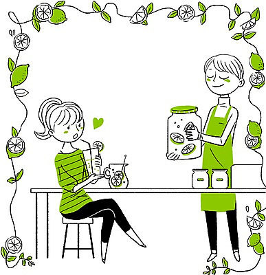 PSD 계절 여자 남자 음료 의자 과일 일러스트 탁자 사람 성인 두명 여름 시원함 레몬 레모네이드 레몬주스 성인만 국내일러스트 가구 과일주스 에이드 파일형식