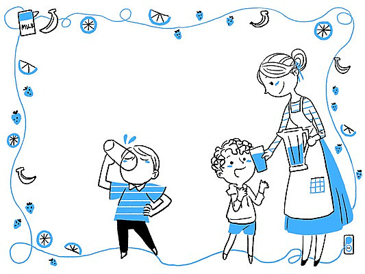 PSD 계절 여자 남자 음료 어린이 과일 일러스트 딸기 프레임 바나나 사람 성인 세명 여름 우유 마시기 과일주스 시원함 레몬 믹서 국내일러스트 모션 유제품 주스 파일형식