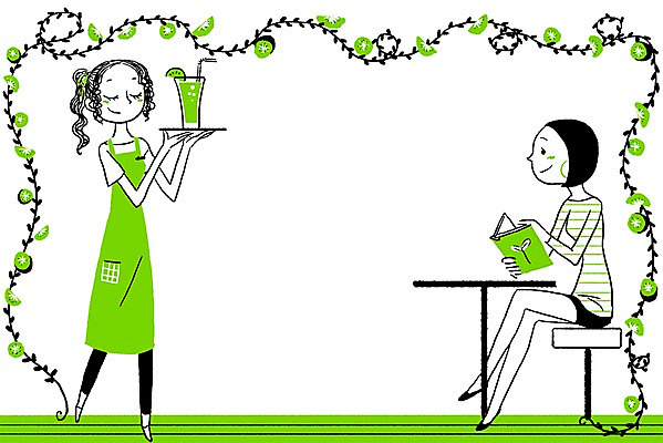 PSD 계절 여자 음료 의자 과일 일러스트 탁자 프레임 쟁반 키위 사람 두명 책 여름 주스 카페 시원함 종업원 서빙 키위주스 여자만 국내일러스트 직업 가구 상점 과일주스 파일형식