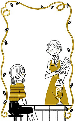 PSD 계절 여자 커피 음료 의자 일러스트 탁자 프레임 사람 성인 두명 여름 카페 원두 시원함 바리스타 휘핑크림 여자만 성인여자만 성인만 국내일러스트 직업 가구 상점 크림 휘핑 파일형식