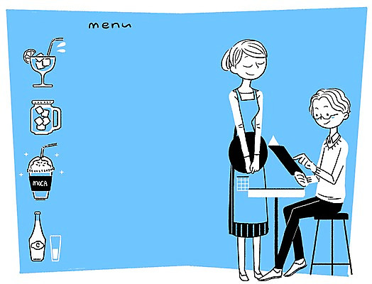 PSD 계절 여자 남자 커피 음료 의자 일러스트 탁자 쟁반 사람 성인 두명 여름 앞치마 카페 시원함 종업원 메뉴 성인만 국내일러스트 직업 가구 상점 파일형식