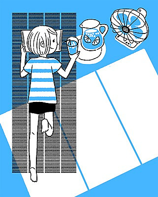 PSD 계절 여자 음료 엎드리기 일러스트 주전자 한명 사람 성인 책 컵 여름 독서 선풍기 시원함 여자만 여자한명만 성인여자만 성인만 국내일러스트 1 식기 모션 주방용품 가전제품 파일형식