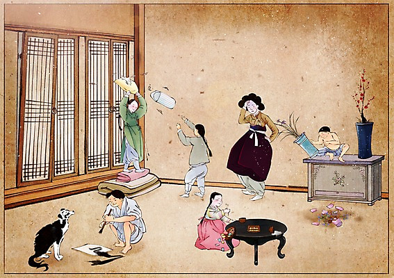 PSD 식물 전통 여자 남자 화분 어린이 컨셉 일러스트 베개 집안 실내 사람 여러명 성인 반려동물 문 이불 붓 강아지 한복 한지 서랍장 과거 속담 난장판 국내일러스트 동물 문자 한국전통 종이 가구 다수 침구 내부 개 전통의상 파일형식