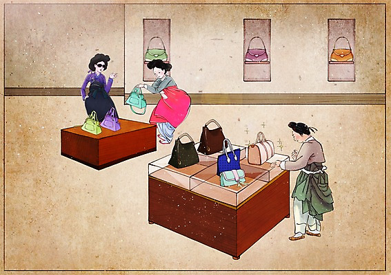 PSD 전통 여자 컨셉 가방 일러스트 사람 성인 세명 선글라스 상점 한복 과거 속담 여자만 성인여자만 성인만 국내일러스트 문자 한국전통 잡화 안경 전통의상 파일형식