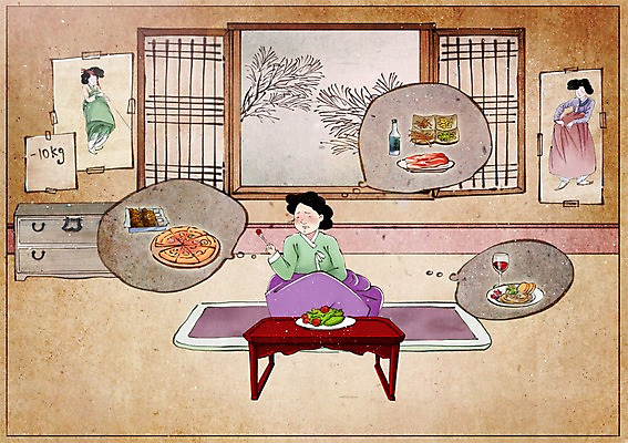 PSD 전통 여자 음식 컨셉 다이어트 일러스트 창문 집안 피자 패스트푸드 파스타 육류 한명 사람 성인 와인 치킨 샐러드 한복 밥상 서랍장 과거 식단 속담 여자만 여자한명만 성인여자만 성인만 국내일러스트 문자 1 한국전통 가구 식재료 탁자 주류 서양음식 실내 건강 인스턴트 전통의상 닭고기요리 파일형식