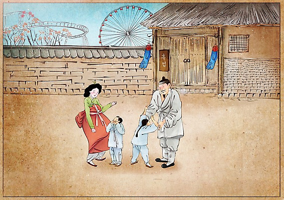 주간 PSD 전통 여자 남자 어린이 컨셉 일러스트 가족 사람 여러명 성인 야외 담장 놀이공원 한복 과거 속담 휴업 국내일러스트 자연요소 문자 한국전통 다수 관계 테마파크 전통의상 파일형식