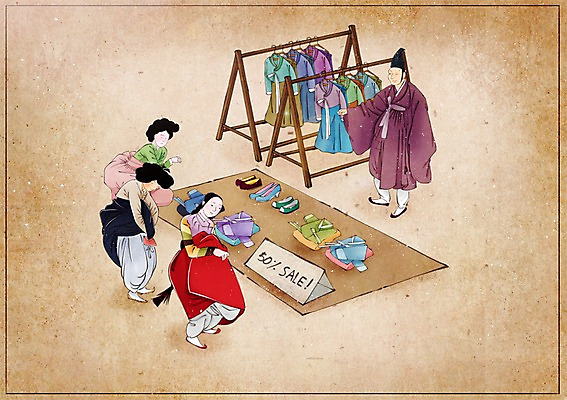 PSD 전통 옷 여자 남자 신발 컨셉 일러스트 사람 여러명 성인 세일 시장 장 옷걸이 한복 과거 속담 성인만 국내일러스트 문자 한국전통 다수 전통의상 파일형식