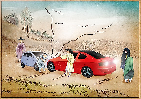 주간 PSD 전통 여자 남자 컨셉 일러스트 자동차 사람 여러명 성인 야외 한복 교통사고 과거 속담 성인만 국내일러스트 갓모자 자연요소 문자 모자_잡화 한국전통 육상교통 다수 전통소품 전통의상 사건 파일형식