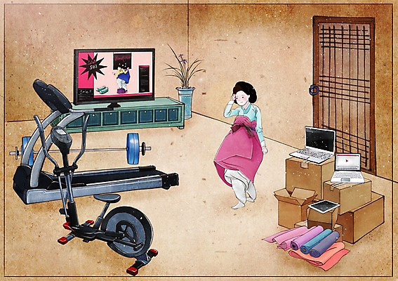 PSD 식물 전통 여자 화분 컨셉 일러스트 실내 한명 사람 성인 노트북 전자제품 상자 태블릿 문 운동기구 텔레비전 역기 한복 실크 서랍장 과거 런닝머신 속담 낭비 홈쇼핑 여자만 여자한명만 성인여자만 성인만 국내일러스트 문자 1 한국전통 가구 내부 스마트기기 쇼핑 헬스 직물 전통의상 파일형식