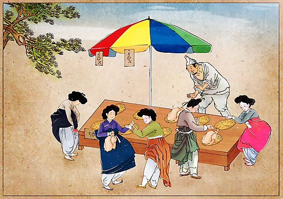 PSD 나무 식물 전통 여자 남자 컨셉 일러스트 육류 사람 여러명 성인 세일 파라솔 닭 시장 장 한복 과거 속담 성인만 국내일러스트 문자 한국전통 다수 식재료 조류 전통의상 파일형식