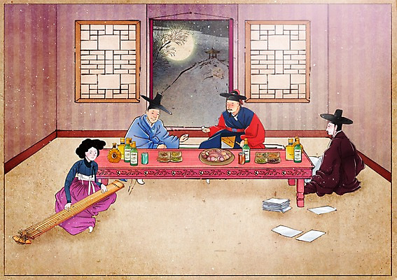 PSD 전통 여자 남자 종이 음식 컨셉 연주 일러스트 창문 실내 사람 여러명 성인 달 달밤 복도 한복 안주 과거 술자리 속담 거문고 기생 술상 교섭 성인만 국내일러스트 자연요소 직업 문자 한국전통 음악 다수 현악기 국악기 내부 전통의상 파일형식