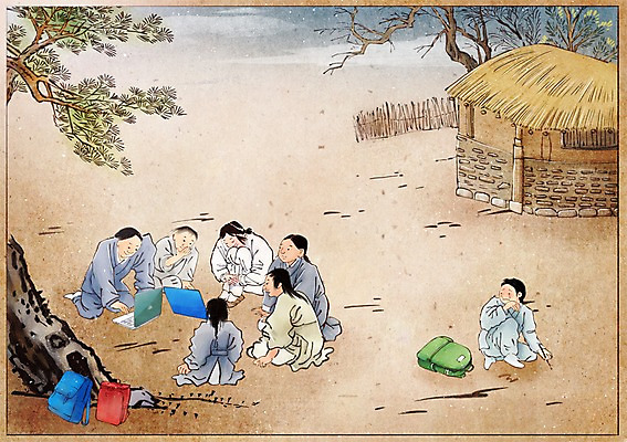 주간 PSD 나무 식물 전통 남자 어린이 컨셉 가방 일러스트 초가집 사람 여러명 야외 노트북 한복 과거 속담 왕따 남자만 어린이만 소년만 국내일러스트 자연요소 문자 한국전통 잡화 다수 한옥 전자제품 전통의상 파일형식