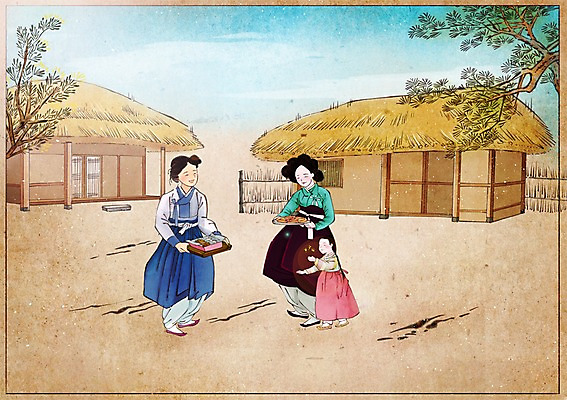 주간 PSD 나무 식물 전통 여자 어린이 음식 컨셉 일러스트 초가집 사람 성인 야외 세명 거래 한복 과거 속담 여자만 국내일러스트 자연요소 문자 한국전통 한옥 전통의상 파일형식