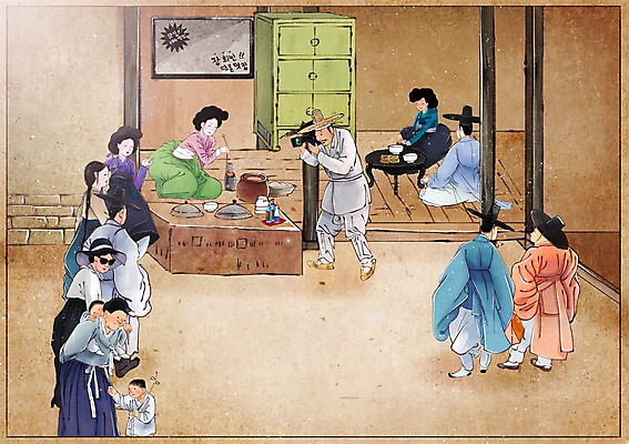 PSD 전통 여자 남자 어린이 음식 컨셉 일러스트 사람 여러명 성인 카메라 식당 촬영 한복 밥상 과거 맛집 속담 국내일러스트 문자 한국전통 다수 탁자 전자제품 상점 전통의상 파일형식