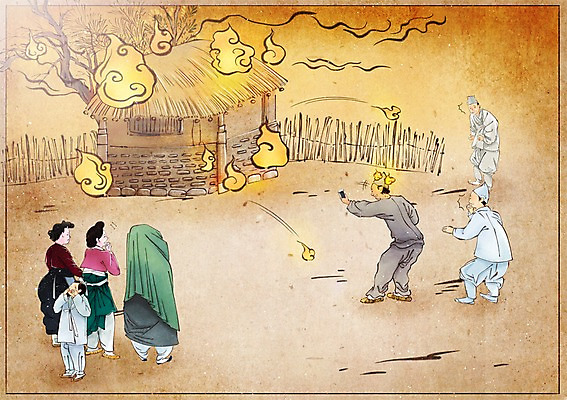 PSD 전통 여자 남자 어린이 컨셉 일러스트 불 초가집 사람 여러명 성인 야외 카메라 한복 화재 과거 속담 국내일러스트 자연요소 문자 한국전통 다수 한옥 전자제품 전통의상 사건 파일형식