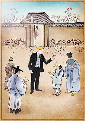 주간 PSD 서양인 외국인 전통 남자 어린이 컨셉 일러스트 대화 사람 정장 성인 야외 부채 한복 대문 과거 속담 영재 남자만 국내일러스트 갓모자 자연요소 문자 모자_잡화 한국전통 옷 전통소품 말하기 인종 문 전통의상 파일형식