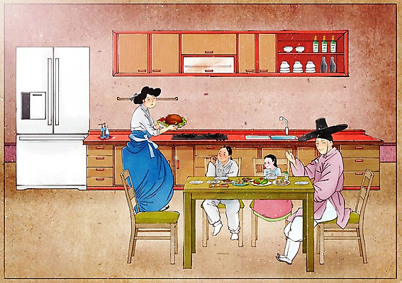 PSD 전통 여자 남자 어린이 음식 컨셉 의자 일러스트 가족 식탁 집안 실내 사람 여러명 성인 주방 식사 한복 싱크대 과거 냉장고 속담 국내일러스트 문자 한국전통 가구 다수 관계 탁자 내부 가전제품 전통의상 개수대 파일형식