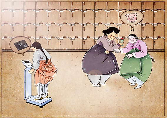 PSD 전통 여자 컨셉 일러스트 실내 사람 성인 세명 목욕탕 돼지 한복 비만 보관함 체중계 과거 속담 여자만 성인여자만 성인만 국내일러스트 문자 한국전통 포유류 내부 전통의상 몸매 파일형식