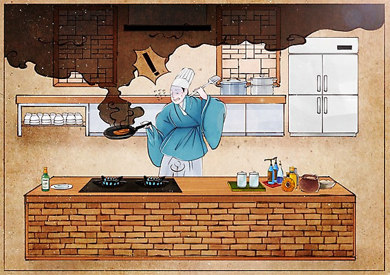 PSD 전통 남자 음식 컨셉 일러스트 실내 요리사모자 요리 한명 사람 주방 요리사 프라이팬 가스레인지 냄비 한복 과거 뒤집개 냉장고 속담 남자만 남자한명만 국내일러스트 직업 문자 모자_잡화 1 한국전통 주방용품 내부 가전제품 레인지 솥 전통의상 파일형식