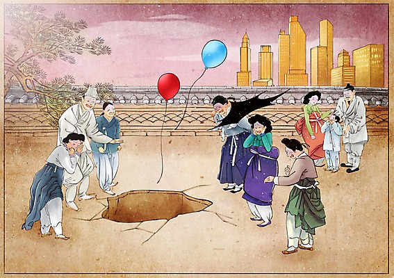 주간 PSD 나무 식물 전통 여자 남자 어린이 컨셉 일러스트 사람 빌딩 여러명 성인 야외 담장 놀람 도시 한복 땅 과거 풍선 속담 국내일러스트 자연요소 문자 한국전통 감정 다수 표정 건물 전통의상 파일형식