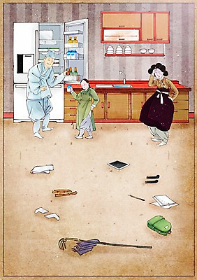 PSD 전통 여자 남자 어린이 컨셉 가방 일러스트 집안 선반 실내 사람 성인 태블릿 주방 지저분함 한복 싱크대 과거 냉장고 속담 난장판 국내일러스트 문자 한국전통 잡화 가구 내부 전자제품 스마트기기 가전제품 감각 전통의상 개수대 파일형식