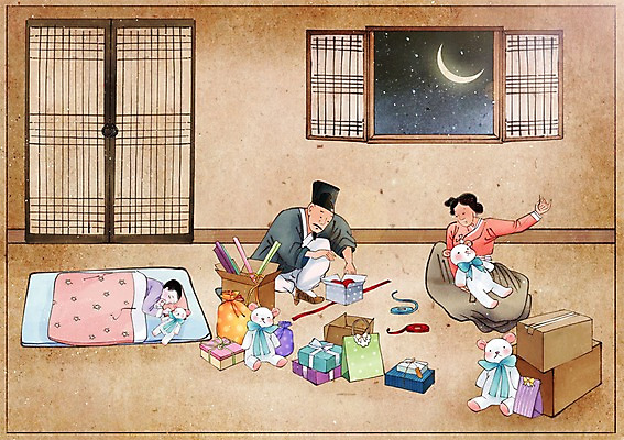 PSD 전통 여자 남자 어린이 컨셉 일러스트 포장 창문 가족 집안 실내 선물 사람 성인 세명 선물상자 상자 문 곰인형 이불 달 끈 잠 한복 과거 속담 국내일러스트 자연요소 문자 한국전통 인형 관계 침구 내부 전통의상 파일형식