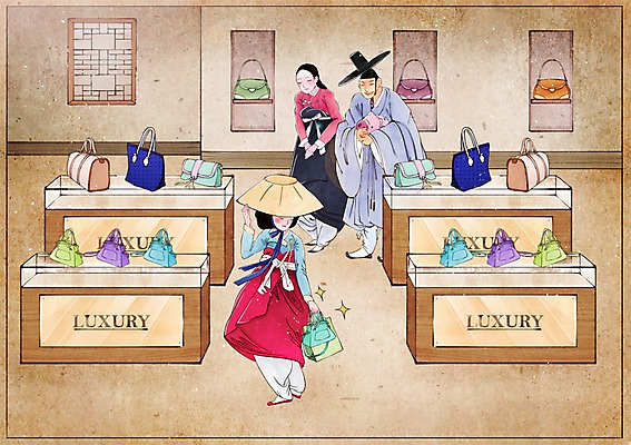 PSD 전통 여자 남자 컨셉 가방 일러스트 사람 성인 세명 쇼핑 상점 돼지저금통 한복 과거 속담 성인만 금융의날 국내일러스트 문자 한국전통 잡화 저금통 전통의상 파일형식 법정기념일