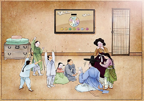 PSD 전통 여자 남자 어린이 컨셉 일러스트 가족 베개 집안 실내 사람 여러명 성인 텔레비전 기쁨 이불 한복 과거 속담 로또 복권 국내일러스트 문자 한국전통 감정 다수 관계 침구 내부 전자제품 전통의상 파일형식