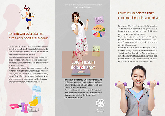 PSD 템플릿 편집 표지디자인 북디자인 여자 내지 리플렛 다이어트 북커버 과일 3단접지 바나나 건강 사람 동양인 팜플렛 성인 세명 물 운동 아령 한국인 물통 체중계 줄넘기 여자만 성인여자만 성인만 이미지템플릿 자연요소 인종 파일형식