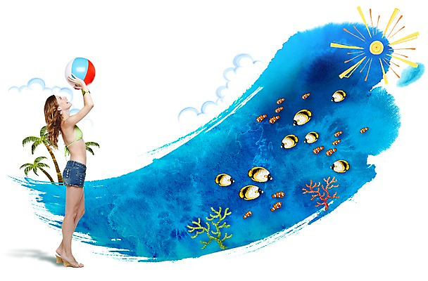 PSD 서양인 외국인 편집이미지 계절 여자 바다 붓터치 휴가 수채화 어류 한명 사람 성인 해변 여름 여름휴가 바캉스 비키니 활발 산호 시원함 비치볼 열대어 즐거움 여름스포츠 여자만 여자한명만 성인여자만 성인만 이미지편집 1 수영복 감정 스포츠 컨셉 공 바캉스용품 인종 수중동물 자포동물 파일형식 여름_계절