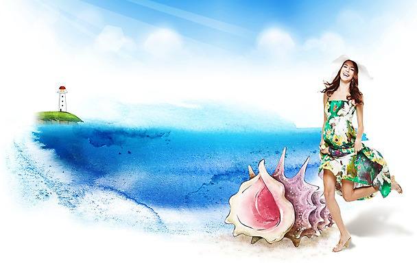 PSD 서양인 외국인 편집이미지 계절 여자 바다 휴가 수채화 등대 한명 사람 성인 해변 여름 여름휴가 바캉스 활발 소라 시원함 즐거움 고둥 여자만 여자한명만 성인여자만 성인만 이미지편집 1 감정 컨셉 어패류 인종 파일형식 여름_계절