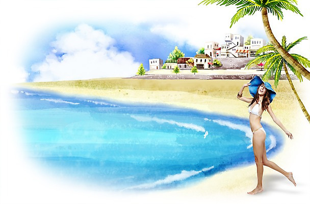 PSD 서양인 외국인 편집이미지 모자 계절 여자 수영복 바다 해외여행 휴가 수채화 한명 사람 성인 해변 여름 여름휴가 바캉스 비키니 활발 시원함 즐거움 여자만 여자한명만 성인여자만 성인만 이미지편집 1 해외 잡화 옷 감정 여행 컨셉 인종 파일형식 여름_계절