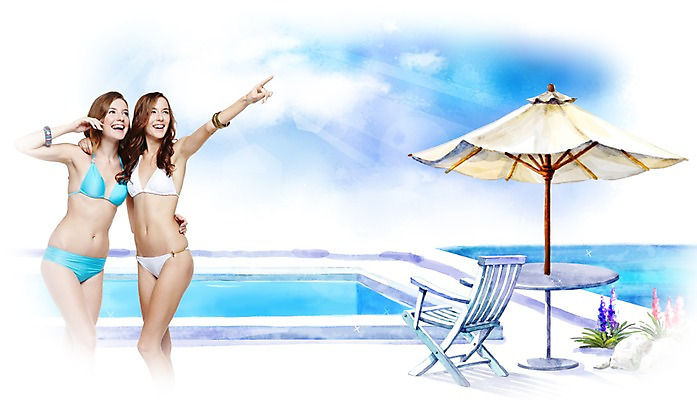 PSD 서양인 외국인 편집이미지 계절 여자 수영복 바다 여행 의자 리조트 휴가 수채화 사람 성인 해변 두명 여름 친구 여름휴가 바캉스 비키니 풀장 활발 파라솔 시원함 즐거움 여자만 성인여자만 성인만 이미지편집 옷 감정 가구 컨셉 관계 수영장 인종 파일형식 여름_계절