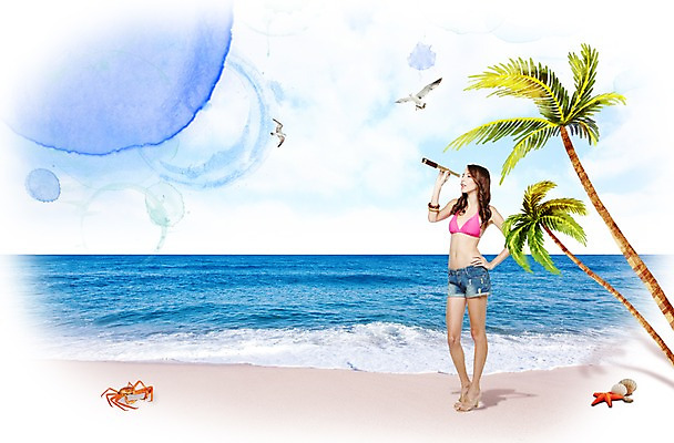 PSD 서양인 외국인 편집이미지 계절 여자 바다 휴가 수채화 불가사리 한명 사람 성인 해변 여름 여름휴가 바캉스 비키니 모래사장 활발 망원경 꽃게 시원함 즐거움 여자만 여자한명만 성인여자만 성인만 이미지편집 1 수영복 감정 컨셉 극피동물 인종 게 파일형식 여름_계절