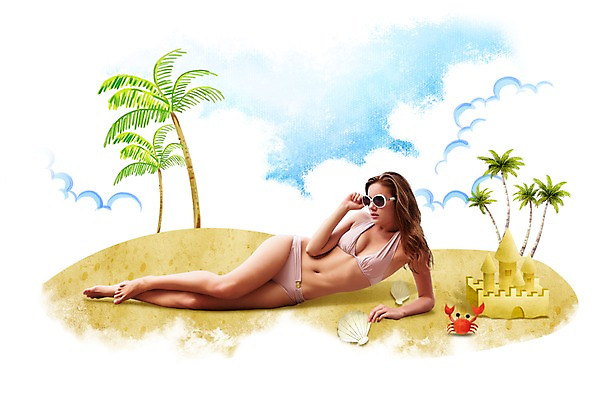 PSD 서양인 외국인 편집이미지 계절 여자 수영복 바다 휴가 한명 사람 성인 해변 여름 여름휴가 바캉스 비키니 선글라스 야자수 활발 시원함 즐거움 모래성 여자만 여자한명만 성인여자만 성인만 이미지편집 나무 1 옷 감정 안경 모래 컨셉 인종 파일형식 여름_계절