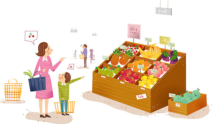 여자 남자 어린이 오렌지 과일 일러스트 포도 바나나 사람 성인 세명 상점 체리 시장 사과 멜론 레몬 장바구니 파인애플 복숭아 마트 과일코너 국내일러스트 AI파일 쇼핑 바구니 코너 열대과일 파일형식 벡터