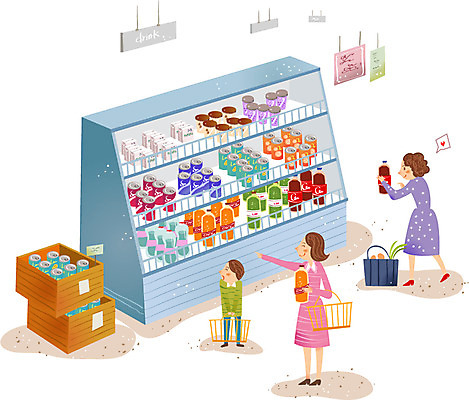 여자 남자 음료 어린이 일러스트 사람 성인 세명 상점 시장 캔 장바구니 국내일러스트 AI파일 쇼핑 바구니 파일형식 벡터