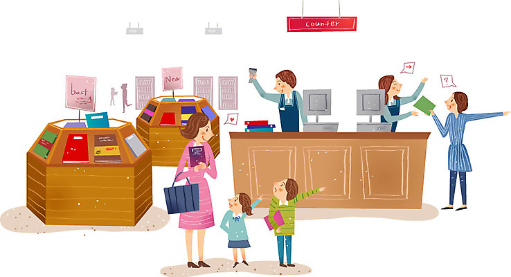 여자 남자 어린이 일러스트 사람 여러명 성인 책 컴퓨터 상점 시장 계산대 서점 국내일러스트 AI파일 다수 전자제품 파일형식 벡터