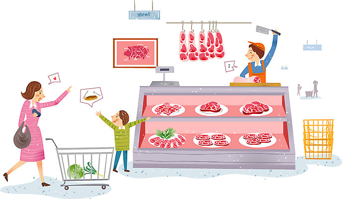 여자 남자 어린이 일러스트 도마 육류 사람 성인 세명 상점 카트 시장 칼 장바구니 정육점 국내일러스트 AI파일 식재료 주방용품 쇼핑 바구니 파일형식 벡터