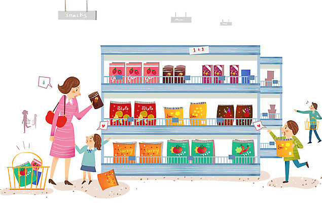 여자 남자 어린이 일러스트 디저트 사람 여러명 성인 과자 상점 시장 장바구니 국내일러스트 AI파일 음식 다수 쇼핑 바구니 파일형식 벡터