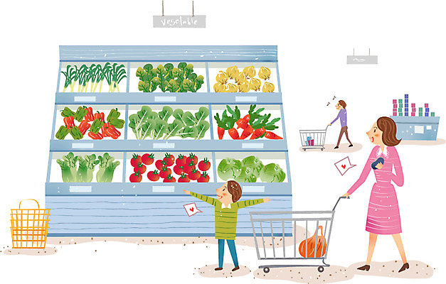 여자 남자 어린이 채소 일러스트 양파 피망 사람 성인 상점 카트 당근 시장 양상추 상추 장바구니 파 국내일러스트 AI파일 뿌리채소 쇼핑 바구니 파일형식 벡터