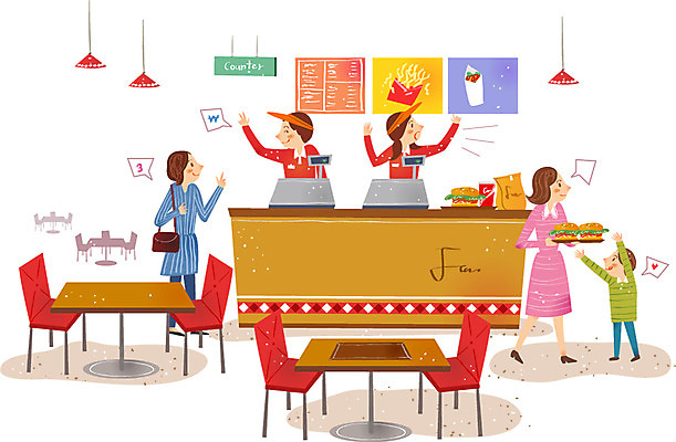 여자 남자 어린이 의자 일러스트 탁자 패스트푸드 사람 여러명 성인 상점 식당 햄버거 시장 국내일러스트 AI파일 가구 다수 인스턴트 파일형식 벡터