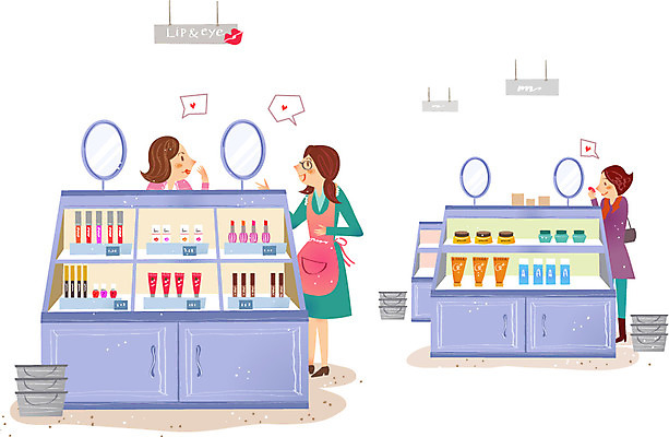 여자 어린이 일러스트 사람 성인 세명 상점 화장품 거울 시장 종업원 장바구니 여자만 국내일러스트 AI파일 직업 쇼핑 뷰티 바구니 파일형식 벡터