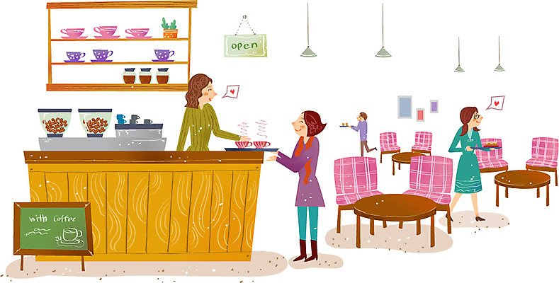 여자 남자 커피 어린이 의자 일러스트 탁자 선반 쟁반 사람 여러명 성인 상점 카페 시장 커피잔 찻잔 커피메이커 국내일러스트 AI파일 음료 가구 다수 잔 커피용품 파일형식 벡터