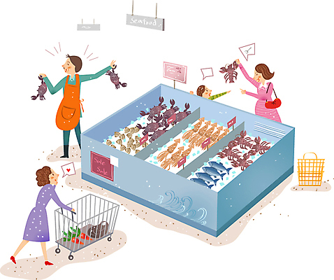 여자 남자 어린이 말풍선 일러스트 어류 들기 소년 여러명 성인 쇼핑 장보기 상점 앞치마 카트 쇼핑카 꽃게 시장 바닷가재 상인 해산물 장바구니 오징어 마트 국내일러스트 AI파일 다수 모션 연체동물 사람 바구니 수중동물 게 가재 파일형식 벡터