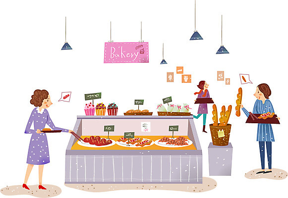 여자 음식 빵 일러스트 쟁반 집게 사람 성인 세명 상점 빵집 시장 바게트 성인여자만 국내일러스트 AI파일 여자만 성인만 파일형식 벡터