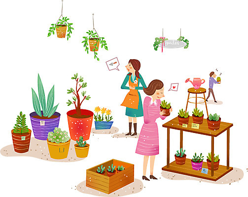 식물 여자 남자 꽃 화분 일러스트 선인장 사람 성인 세명 상점 물뿌리개 시장 꽃집 성인만 행잉플랜트 국내일러스트 AI파일 파일형식 벡터