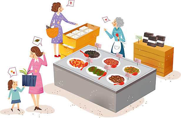 여자 남자 어린이 일러스트 반찬 사람 여러명 성인 상점 시장 김 국자 두부 반찬가게 국내일러스트 AI파일 음식 다수 주방용품 해조류 파일형식 벡터