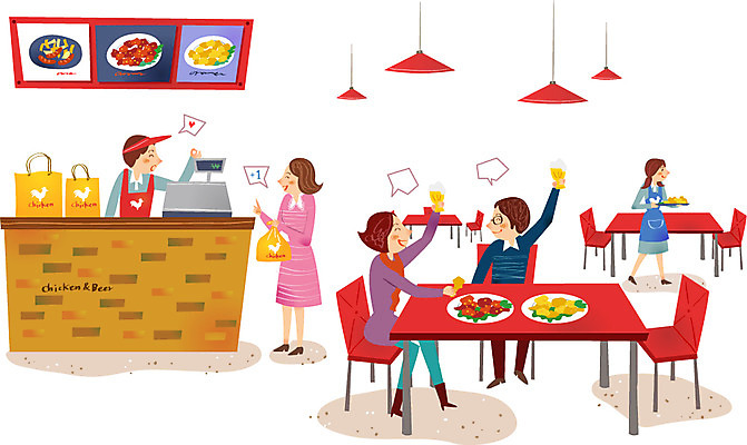 여자 남자 음식 의자 일러스트 탁자 사람 여러명 성인 상점 식당 치킨 시장 종업원 계산대 서빙 성인만 국내일러스트 AI파일 직업 가구 다수 닭고기요리 파일형식 벡터